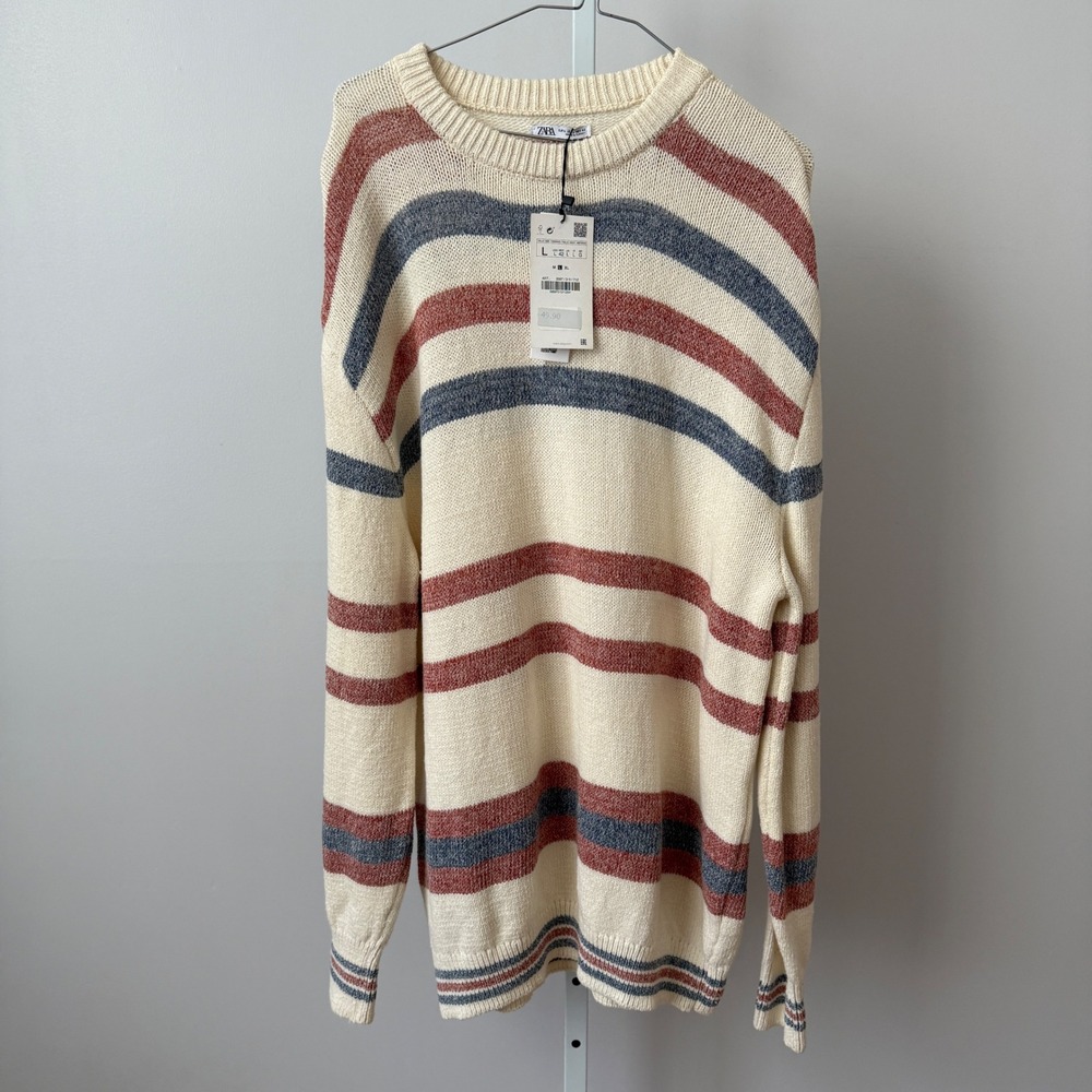 Zara sz L Mens Striped Knit Sweater Cream Blue Red Tennis‎ Prep Minimalst NWT - Picture 7 of 9